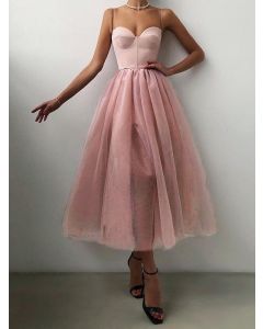 Pink Patchwork Grenadine Condole Belt Side Slit Off Shoulder Sleeveless Elegant Midi Dress
