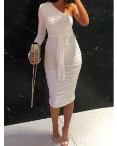 White Belt Oblique Shoulder Bodycon Lace-up Long Sleeve Fashion Maternity Midi Dress