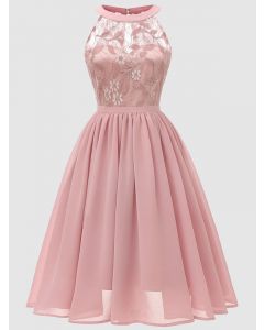 Pink Patchwork Lace Off Shoulder A-Line Round Neck Elegant Evening Midi Dress