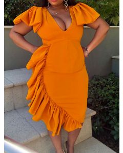 Orange Ruffle Bodycon Short Sleeve Fashion Maternity Midi Dress