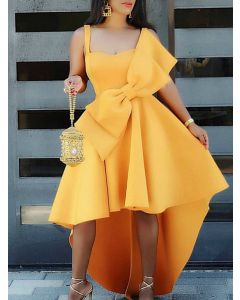 Yellow Irregular Bow Ruffle High-low Off Shoulder Sleeveless Elegant Midi Dress