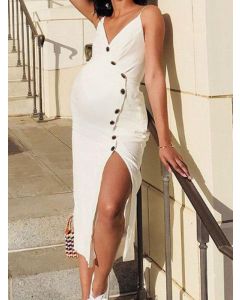 White Condole Belt Single Breasted Side Slit V-neck Fashion Maternity Midi Dress