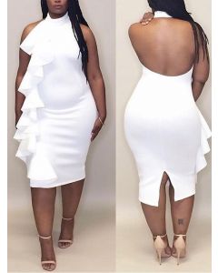 White Ruffle Halter Neck Backless Slit Sleeveless Elegant Midi Dress