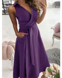 Purple Pockets Belt Lace-up Off Shoulder Cross Chest V-neck Fashion Midi Dress