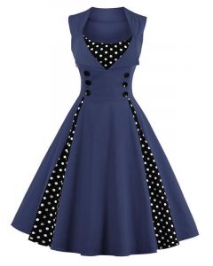 Navy Blue Patchwork Polka Dot Double Breasted Turndown Collar Vintage Midi Dress