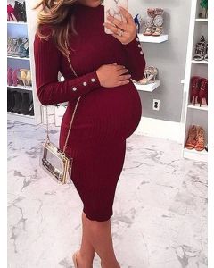Wine Red Buttons Pregnancy High Neck Casual Plus Size Maternity Bodycon Midi Dress