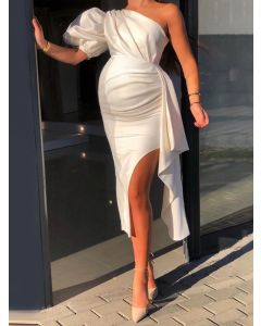 White Asymmetric Shoulder Side Slit Bodycon Short Sleeve Fashion Maternity Midi Dress