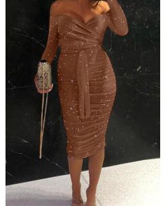 Brown Belt Glitter Off Shoulder Long Sleeve Elegant Midi Dress