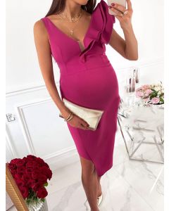Rose Carmine Cascading Ruffle Irregular Off Shoulder Bodycon V-neck Elegant Maternity Midi Dress