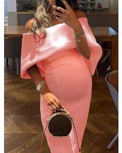 Pink Zipper Off Shoulder Bodycon Boat Neck Elegant Maternity Midi Dress