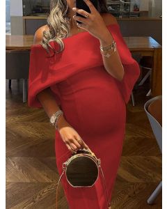 Red Zipper Off Shoulder Bodycon Boat Neck Elegant Maternity Midi Dress