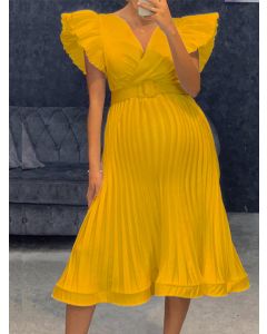 Yellow Ruffle Belt Cross Chest V-neck Fashion Maternity Midi Dress