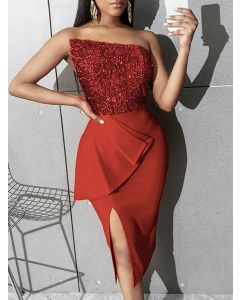 Red Patchwork Sequin Bandeau Off Shoulder Side Slit Bodycon Sleeveless Fashion Midi Dress