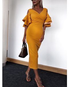 Yellow Ruffle Cross Chest Bodycon V-neck Fashion Maternity Maxi Dress