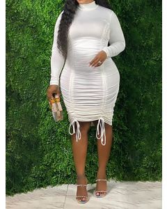 White Drawstring Lace-up Ruched High Neck Fashion Plus Size Maternity Midi Dress