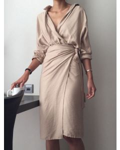 Khaki Irregular Lace-up Cross Chest Side Slit Long Sleeve Going Out Midi Dress