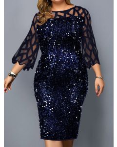 Blue Patchwork Striped Sequin Glitter Round Neck Elegant Plus Size Maternity Midi Dress