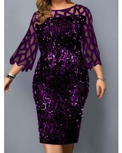 Purple Patchwork Striped Sequin Glitter Round Neck Elegant Plus Size Maternity Midi Dress