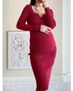 Red Crochet Bodycon Long Sleeve Elegant Maternity Sweater Dress