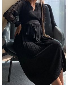 Black Patchwork Grenadine Pleated Belt Lace-up Crochet V-neck Elegant Maternity Sweater Dress