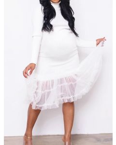 White Patchwork Grenadine Bodycon High Neck Elegant Maternity Midi Dress