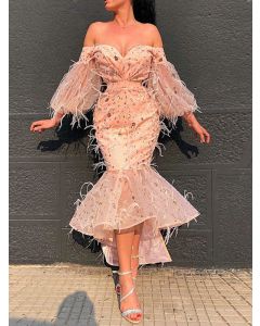 Apricot Tassel Sequin Ruffle Off Shoulder Long Sleeve Elegant Party Midi Dress