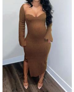 Brown Side Slit Bodycon Long Sleeve Fashion Maternity Maxi Dress