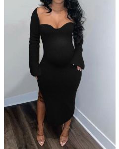 Black Side Slit Bodycon Long Sleeve Fashion Maternity Maxi Dress