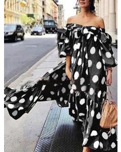 Black Polka Dot Ruffle Off Shoulder Boat Neck Fashion Plus Size Maternity Maxi Dress