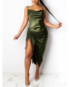 Green Condole Belt Drawstring Lace-up Side Slit Sleeveless Fashion Maternity Midi Dress
