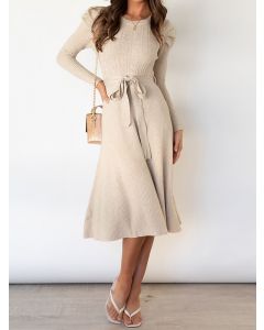 Apricot Belt Bow Crochet Big Swing Long Sleeve Fashion Sweater Dress