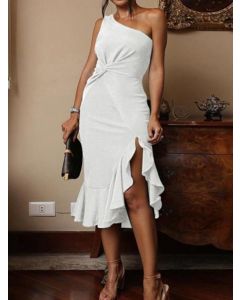 White Ruffle Side Slit Oblique Shoulder Bodycon Sleeveless Fashion Midi Dress
