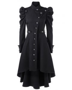 Black Single Breasted Ruffle Long Sleeve Fashion Trench Coat