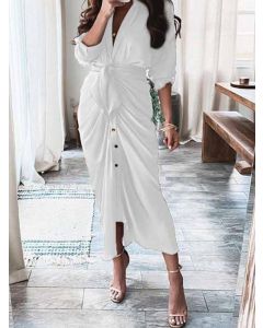 White Single Breasted Ruffle Lace-up V-neck Fashion Midi Dress