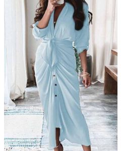 Blue Single Breasted Ruffle Lace-up V-neck Fashion Midi Dress