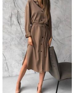 Khaki Single Breasted Belt Slits On Both Sides Turndown Collar Fashion Midi Dress