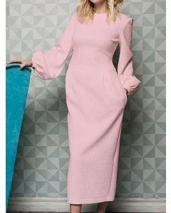 Pink Pockets Round Neck Lantern Sleeve Fashion Maternity Maxi Dress