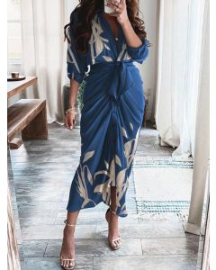 Blue Single Breasted Print Lace-up V-neck Fashion Blouse Maxi Dress