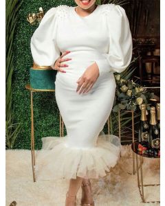 White Grenadine Pearl Ruffle Bodycon Long Sleeve Fashion Maternity Midi Dress