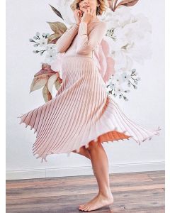 Lotus Pink Pleated Crochet Long Sleeve Fashion Maternity Sweater Midi Dress
