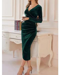 Green Irregular Bodycon Cross Chest Long Sleeve Fashion Maternity Midi Dress