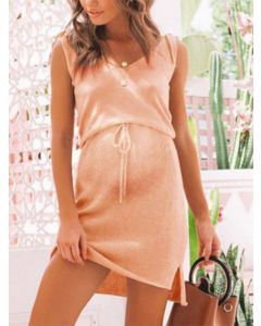 Pink Belt Bow Lace-up Double Slit Backless V-neck Fashion Maternity Mini Dress