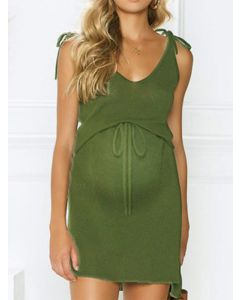 Army Green Belt Bow Lace-up Double Slit Backless V-neck Fashion Maternity Mini Dress
