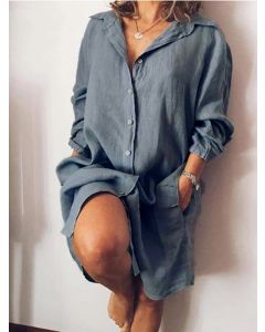Grey Single Breasted Pockets Turndown Collar Casual Maternity Blouse Dress