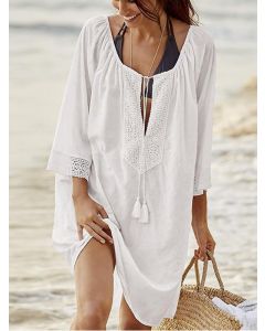 White Patchwork Lace Tassel 3/4 Sleeve Sweet Beach Maternity Kimono Cover Up