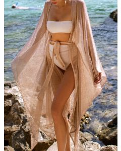 Golden Grenadine Belt Lace Up Long Sleeve Fashion Beach Maternity Kimono Cover Up