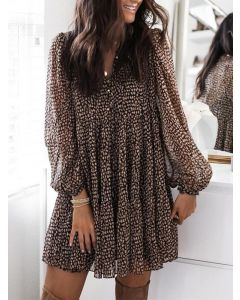 Brown Leopard Ruffle Big Swing Long Sleeve Fashion Maternity Mini Dress