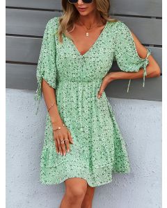 Green Floral Ruffle Bow Lace-up A-Line V-neck Sweet Mini Dress