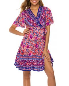 Pink Floral Ruffle Cross Chest Lace-up Bohemian V-neck Sweet Maternity Mini Dress