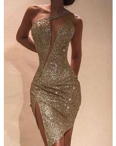 Golden Sequin Cut Out Side Slit Off Shoulder Fashion Clubwear Maternity Mini Dress